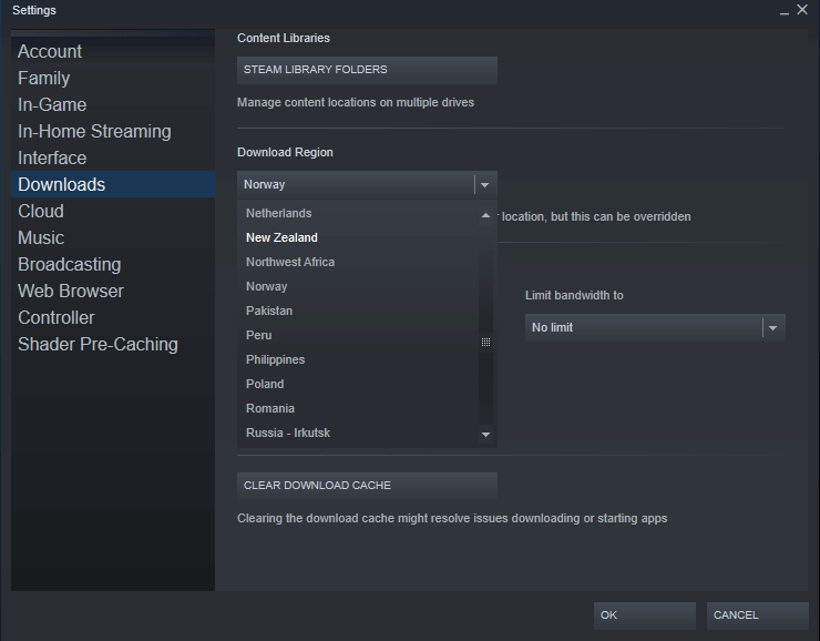 region pobierania aktualizacji pary steam cofa się